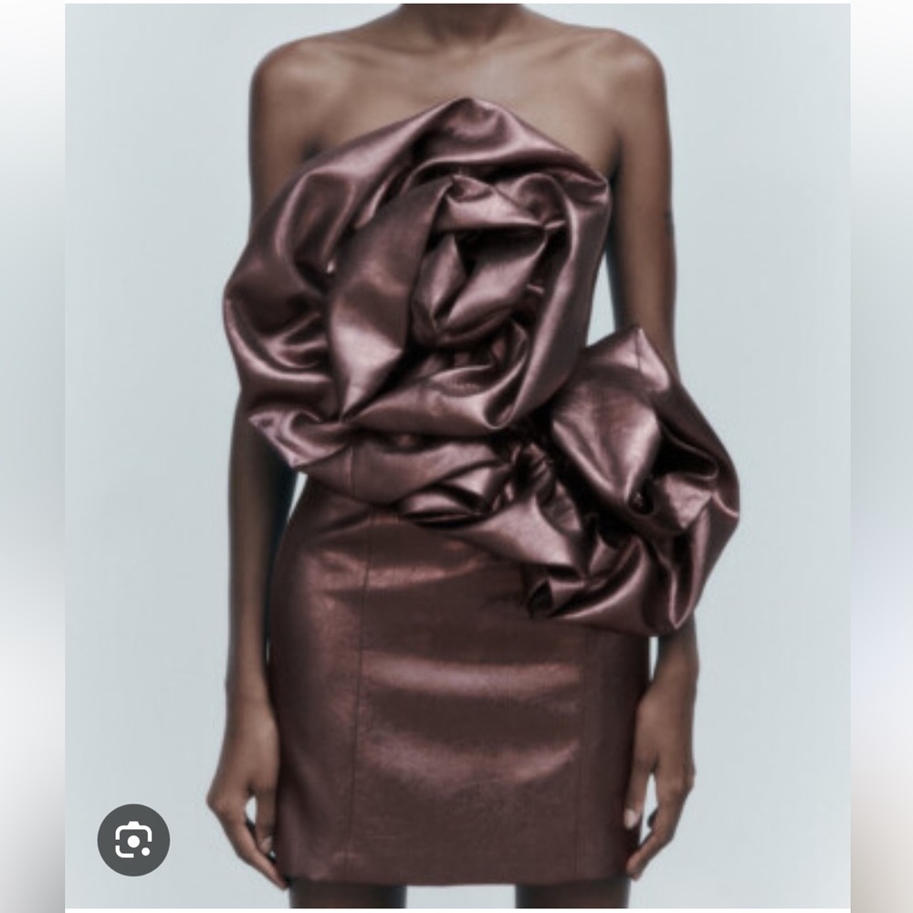NWT Zara Voluminous Flower Dress 3D Rose Appliqué Metallic Purple/Bronze Size XS